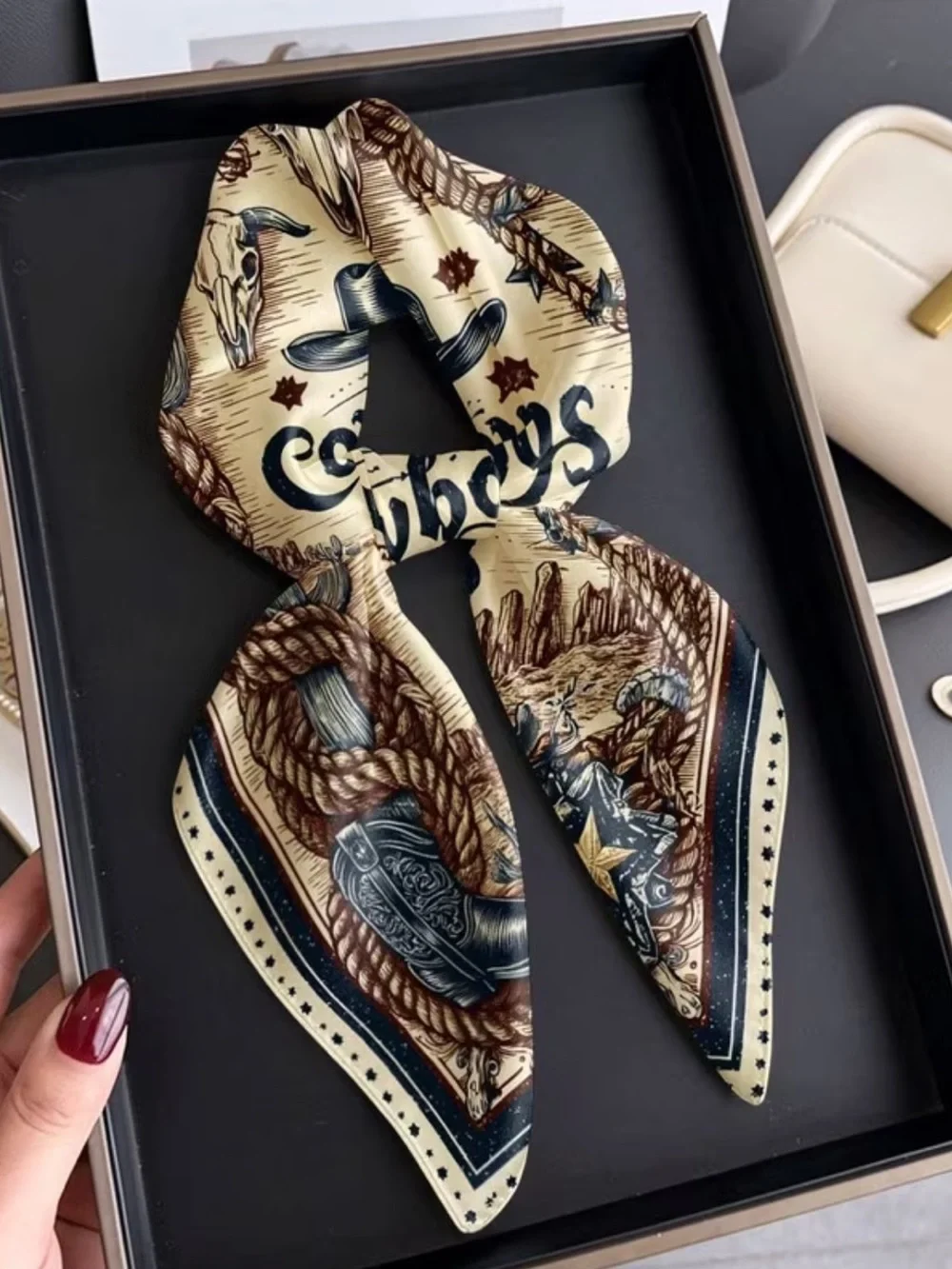 Cowboy Western Print Men's Scarf in Cream and Brown